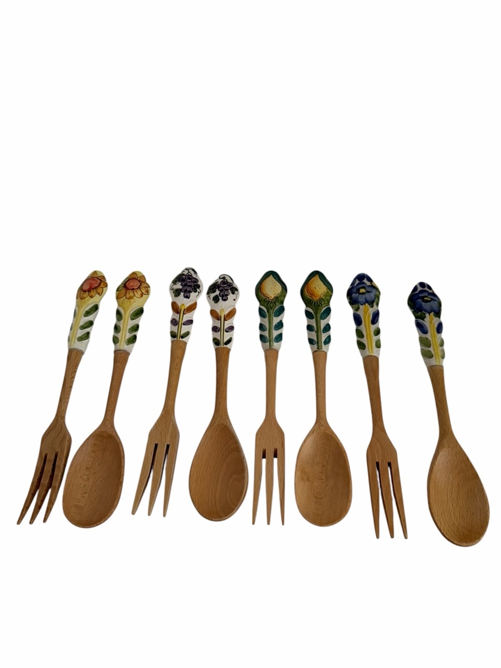 Firenze Ceramic Handle Wood Fork Spoon Set 8 Pc Italy Fruit Floral Salad Kitchen